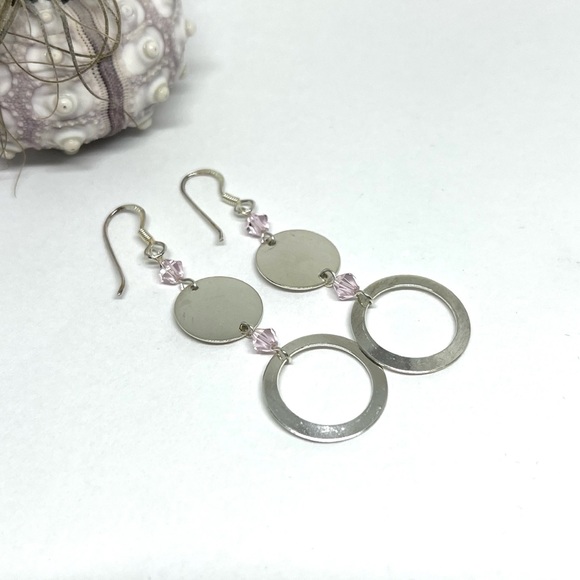 Sterling Silver Coin Earrings With Pink Beads! 925 - Picture 3 of 5